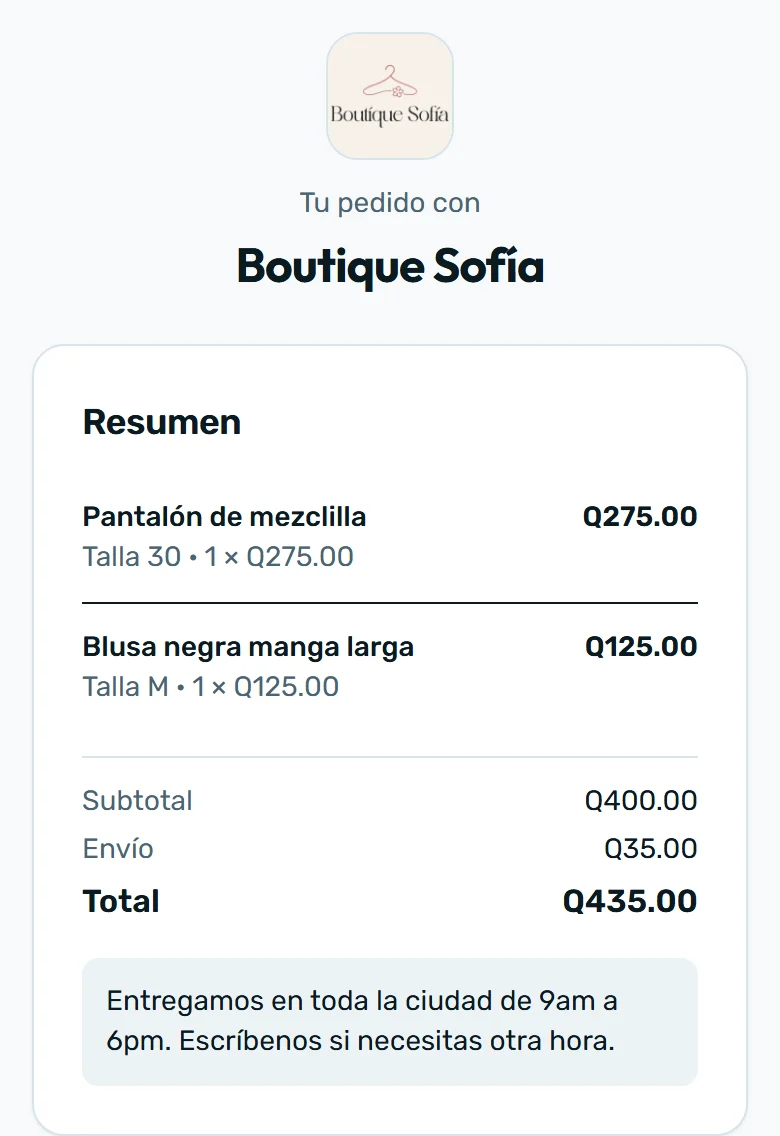 Pedido de ejemplo tal como lo ve tu cliente: Boutique Sofía, dos productos, envío y total de Q435